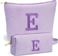 Initial Makeup Bag Set - Cute Purple Stuff for Women, Personalized Makeup Pouch Cosmetic Bag, Travel Essentials Toiletry Bag, Birthday Christmas Gifts for Women, Purple Letter E
