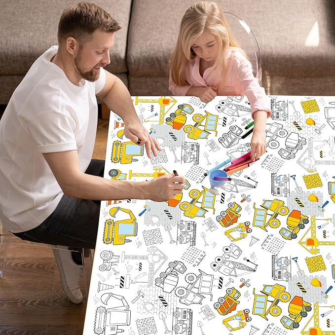 Giant Construction Coloring Tablecloth,54x108 Inch, Construction Birthday Party Supplies Construction Theme Party Favors