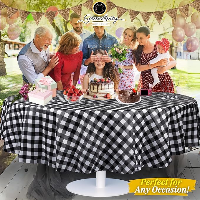Grandipity 12 Pack Premium Disposable Plastic Tablecloth 84" Inch Decorative Round Checkered Table Cover - Black Checkered Gingham