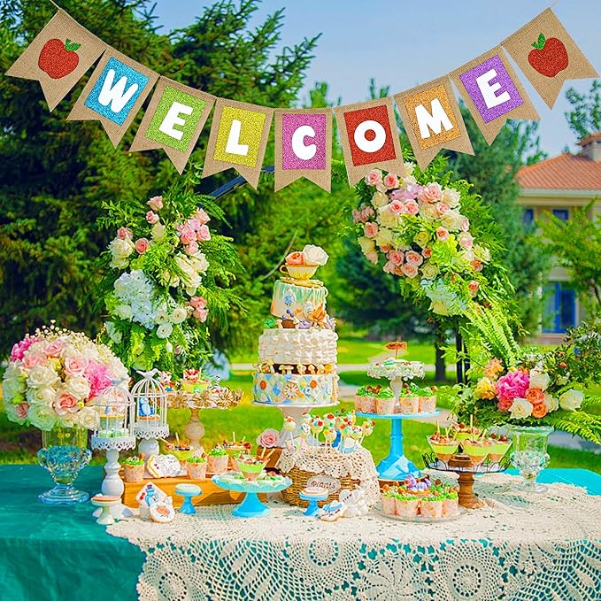 Welcome Burlap Banner Back to School Party Decorations Glitter Welcome Banner with Apple Sign - First Day of School Party Supplies for Classroom,Teacher,and Office Hanging Decor