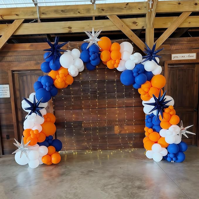 Blue and Orange Balloons Arch Kit, 121PCS Dark Blue and Orange White Balloons with Spikes Explosion Star Foil Balloon for Birthday Graduation Baby Shower Sport Basketball Party Decorations Supplies