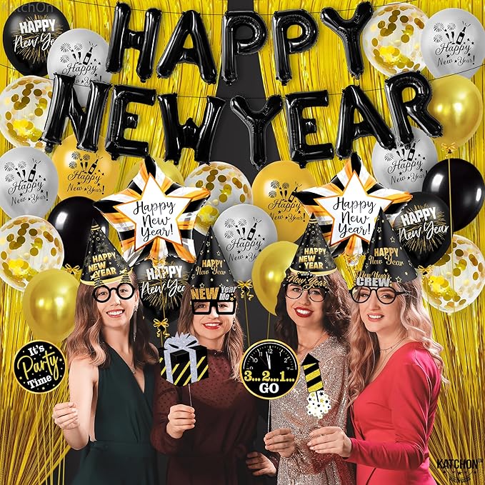 KatchOn, New Years Eve Party Supplies 2026 - Huge, Set of 110 | Black Happy New Year Balloon Banner | New Years Photo Booth Props, Gold Fringe Curtain Backdrop | NYE Decorations 2026
