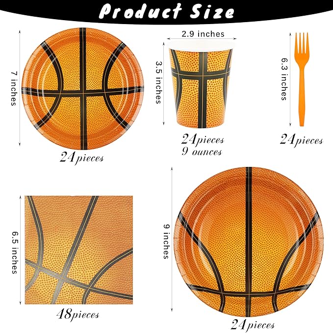 durony 144 Pieces Basketball Paper Plates and Napkins Dinnerware Kits Basketball Birthday Party Decorations Tableware Set Includes Paper Plates Napkins Forks Serve 24 for Sports Theme Party Supplies