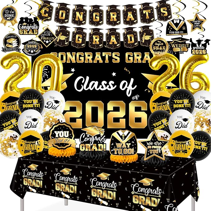 Graduation Decorations 2026, Class of 2026 Backdrop, Banner, 2026 Foil Balloons, Tablecloth, Hanging Swirls, Honeycomb Centerpieces, Party Supplies Decorations Set for College (Black ang GOLD)