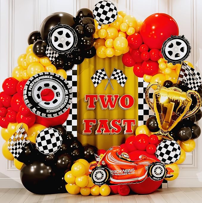 ALL-IN-1 Race Car Balloon Arch Kit & Garland with BONUS Trophy & Number 2 - Race Cars Balloons for Lightning McQueen Race Car Birthday Party Supplies & Boy Cars Theme Birthday Party Decorations