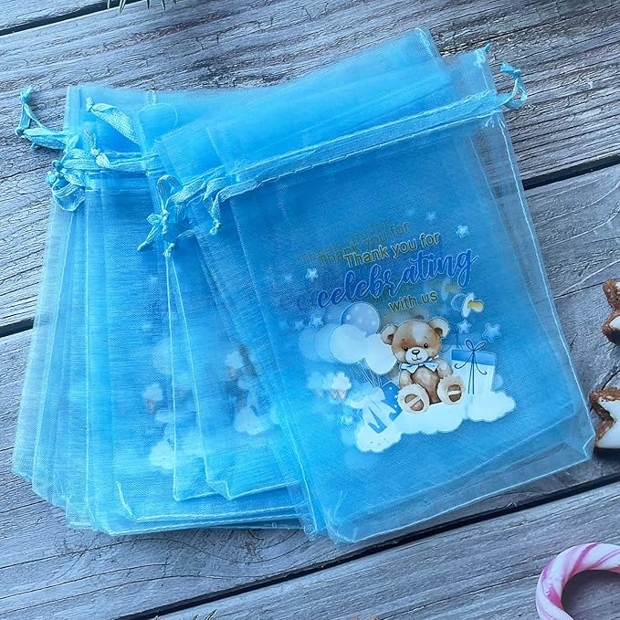 LXKBD 50PCS Organza Bags for Baby Shower Party Favor,4x6 Inch Small Blue Sheer Drawstring Mesh Pouch for Boy Birthday Gift Bag