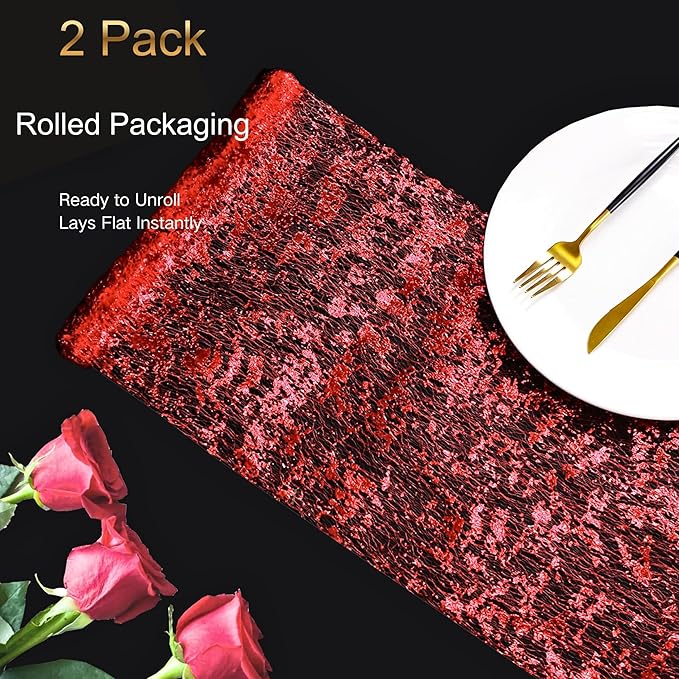 Snowkingdom 2 Pieces Red Table Runner, Sequin Glitter Metallic Foil Mesh Lace 11x108 Inches Centerpieces Decoration for Romantic Wedding Anniversary Birthday Hibachi Christmas Holiday Party