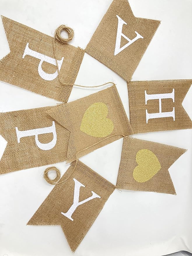 "Happy Anniversary" Burlap Banner – Rustic “Happy” and “Anniversary” across natural burlap flags (approx. 5" × 7") with Sparkly Gold Hearts Party Decor
