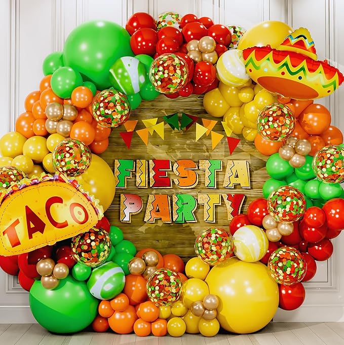 ALL-IN-1 Mexican Balloons Arch Kit & Garland with BONUS Taco Small and Large Red Yellow Orange Green Fiesta Balloons Mexican Party decorations & supplies for birthday, Cinco De Mayo