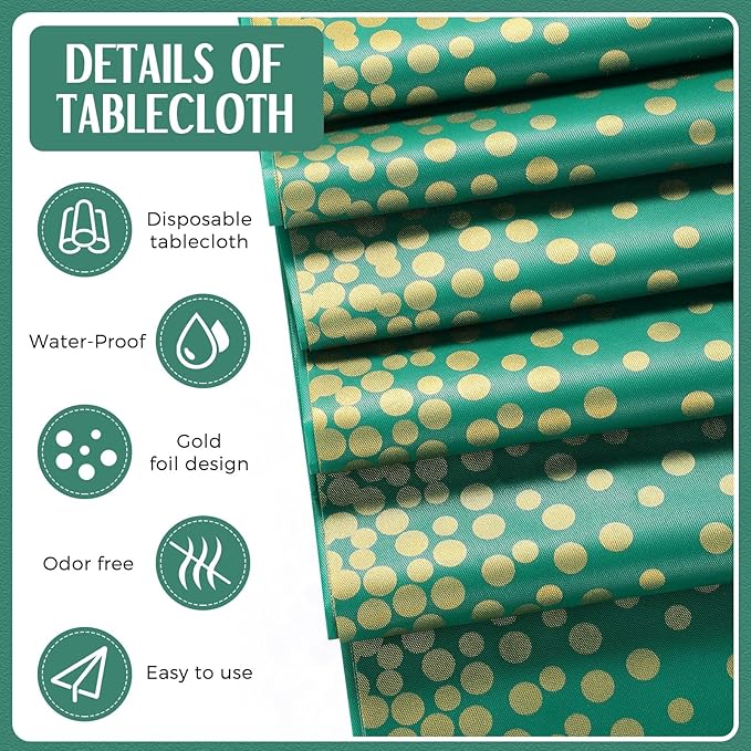 Breling 8 Pack Green and Gold Disposable Plastic Tablecloths and Satin Table Runner Set, 54 x 108 Inch Tablecloth, 12 x 108 Inch Table Runners for Wedding Graduation Birthday Baby Shower New Year