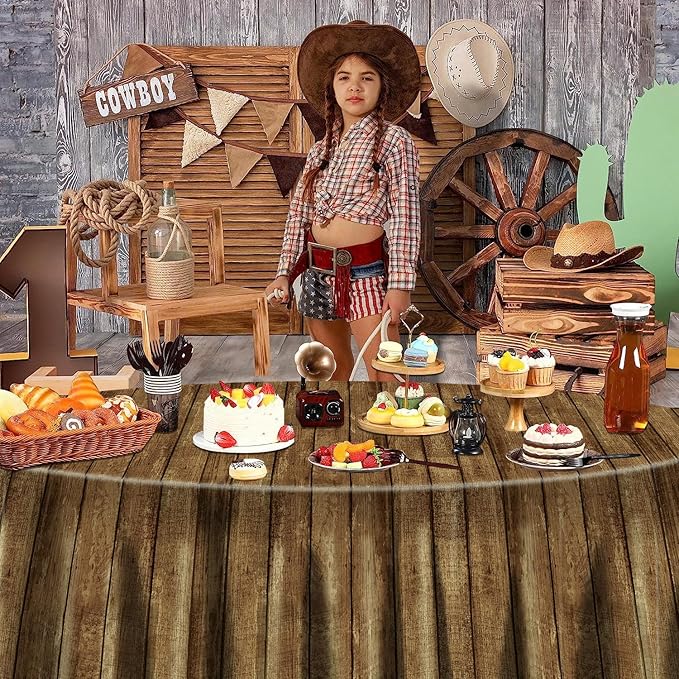 3 Pcs Wood Grain Tablecloths for Round Table Western Party Decorations Plastic Western Party Tablecover for Cowboy Party Decorations Little Cowboy Birthday Baby Shower Vintage Farmhouse, 84 x 84in (3)
