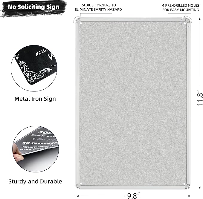 Daily Decorative Signs No Soliciting Chic Metal Signs for Outdoor Yard Signs or Indoor-NO SOLICITING DO NOT KNOCK OR RING BELL-NO TRESPASSING PRIVATE PROPERTY