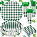 175 Pcs Gingham Party Supplies Include Green Gingham Plates and Napkins Cups Plastic Cutlery Disposable Green Checkered Plates Set for St Patricks Day, Picnic, Baby Shower, Golf Party