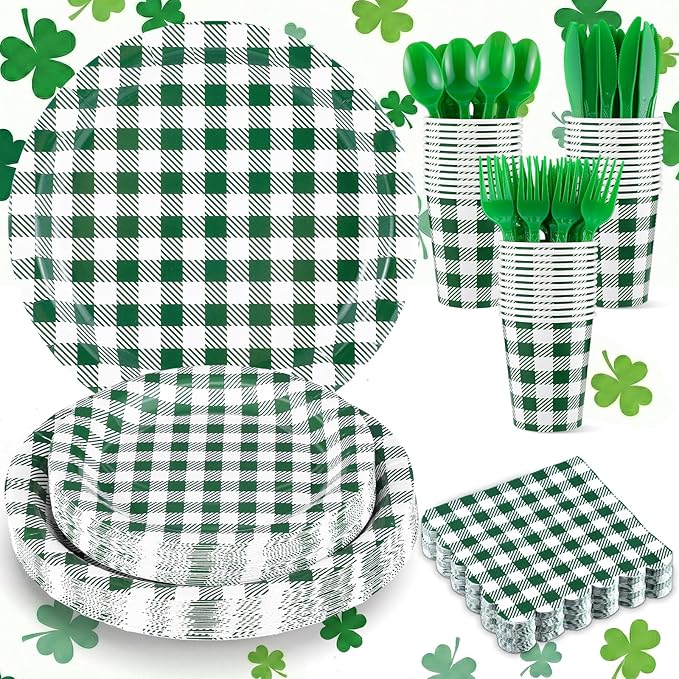 175 Pcs Gingham Party Supplies Include Green Gingham Plates and Napkins Cups Plastic Cutlery Disposable Green Checkered Plates Set for St Patricks Day, Picnic, Baby Shower, Golf Party