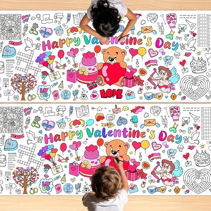 Valentines Coloring Tablecloth/Poster, 2 PCS Valentines Day Gifts for Kids Classroom, Valentines Day Decorations, 72"x30" Giant Paper Coloring Banner Tablecloth Crafts Activities for Party Decorations