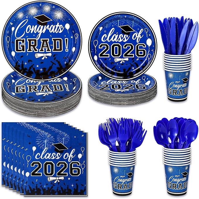 175PCS Graduation Plates and Napkins Set 2026 Graduation Party Supplies Tableware Set Include Paper Plate Napkin Cup Knife Fork Spoon for Grad Party Decor Serve25 (Blue and Black)