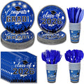 175PCS Graduation Plates and Napkins Set 2026 Graduation Party Supplies Tableware Set Include Paper Plate Napkin Cup Knife Fork Spoon for Grad Party Decor Serve25 (Blue and Black)