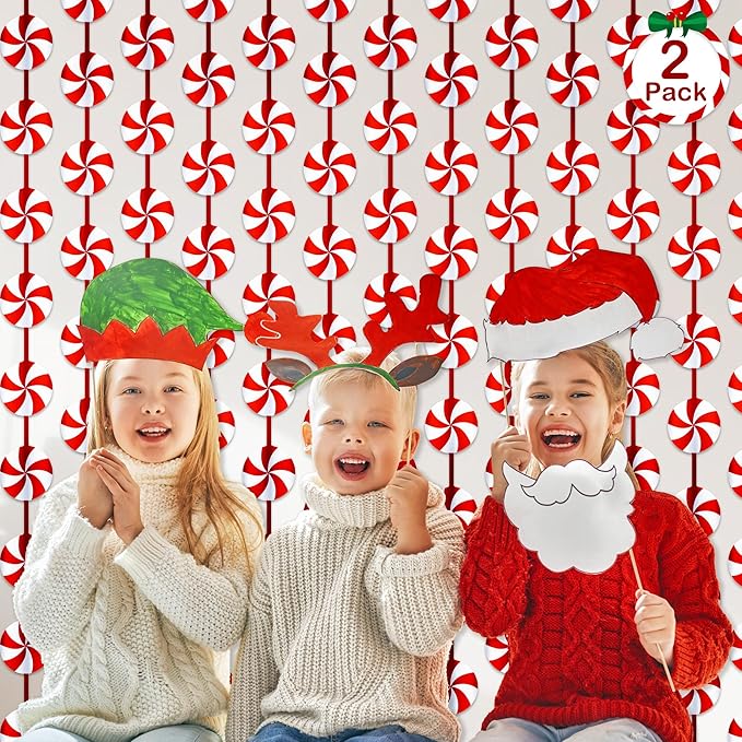 Christmas Party Decorations Candy Cane Foil Fringe Curtains, 2 Pack Red White Christmas Backdrop Photo Booth Prop Streamers for Ugly Sweater Party Xmas Decorations Indoor, 3.3x6.56Ft