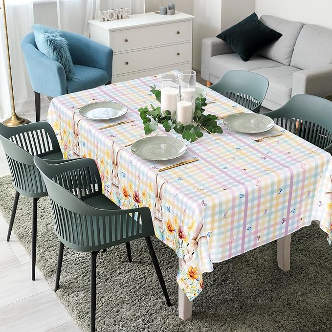 QZYL 2 Pack Easter Tablecloth Disposable, 54" x 108" Easter Decorations for Table, Plastic Table Cloths with Colorful Eggs Bunny Flower, Rectangular Spring Tablecloths for Party Decorations Supplies