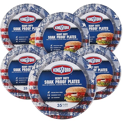 Kingsford Heavy Duty Paper Plates, Patriotic American Flag Disposable Dinner Plates for BBQ Parties, Tailgates, and Outdoor Cookouts, Durable Party Tableware, 10 Inch, 35 Count - 6 Pack