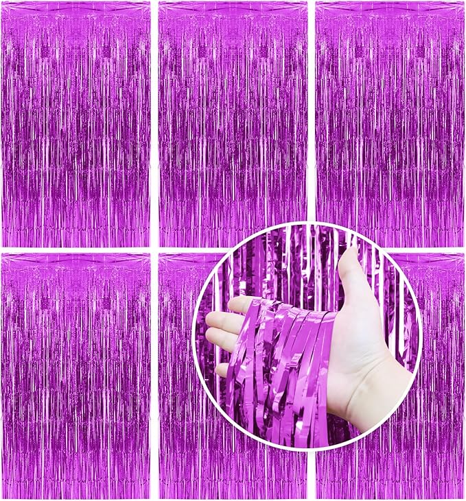 Homiest 6 Pack Hot Pink Tinsel Backdrop, 3.3x6.6 FT Metallic Tinsel Foil Fringe Curtains Party Decorations, Birthday Door Streamers for Baby Shower Wedding, Photo Booth Props Background Wall Decor
