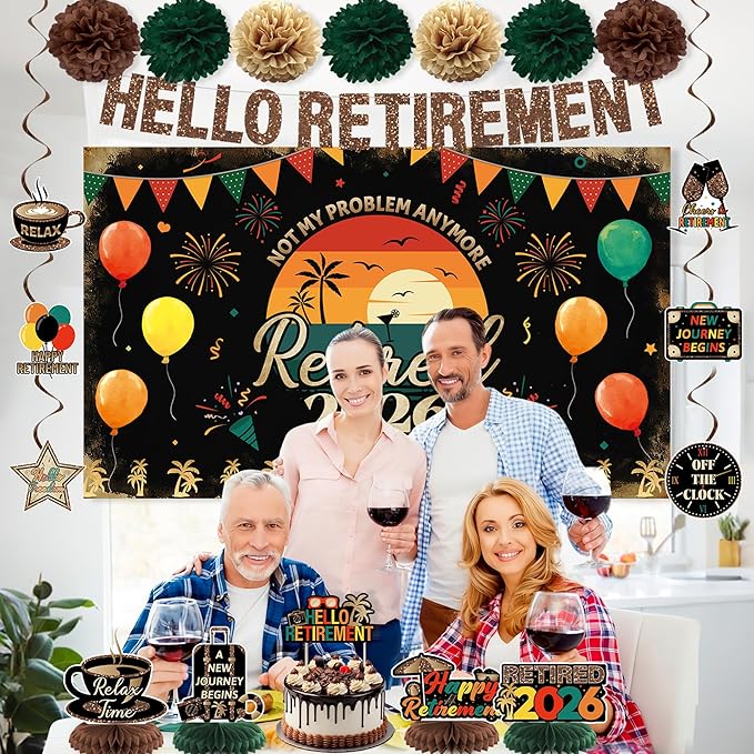 Holkcog Retirement Party Decoration, Vintage 2026 Retired Banner Background, Hello Retirement Honeycomb Centerpieces Hanging Swirls Cake Top, Office 2026 Retired Farewell Good Luck Goddbye Party Decor
