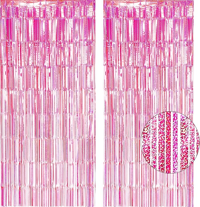 2 Pack 3.2ft x 8.3ft Foil Fringe Backdrop Metallic Tinsel Door Window Curtain Party Photo Booth Props for Birthday Bachelorette Wedding Graduation Party Decorations (Pink)