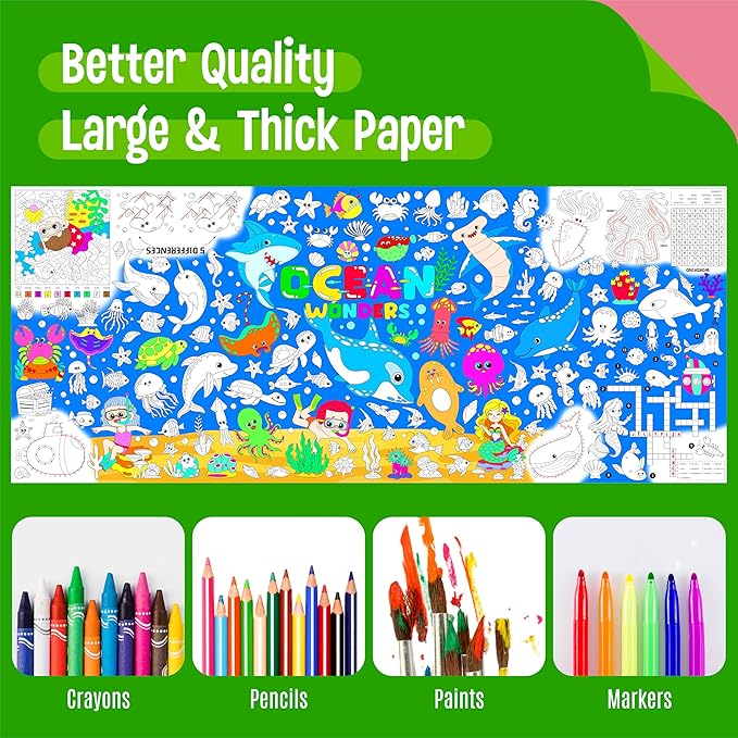 Ocean Coloring Poster, Large Coloring Activity Paper 75” x 31” Jumbo Size Blue Sea-themed Paper DIY Painting Drawing Banner/Tablecloth for School, Wall Decor