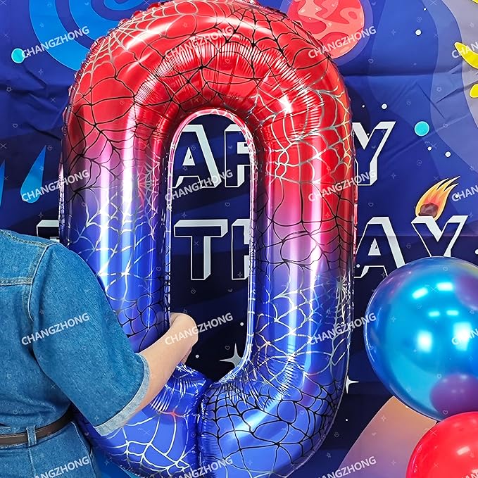 40 Inch Red and Blue Spider Theme Large Number 0 Balloon Giant Foil Birthday Balloon For Children's Birthday Spider Theme Party Decorations Baby Shower Decorations
