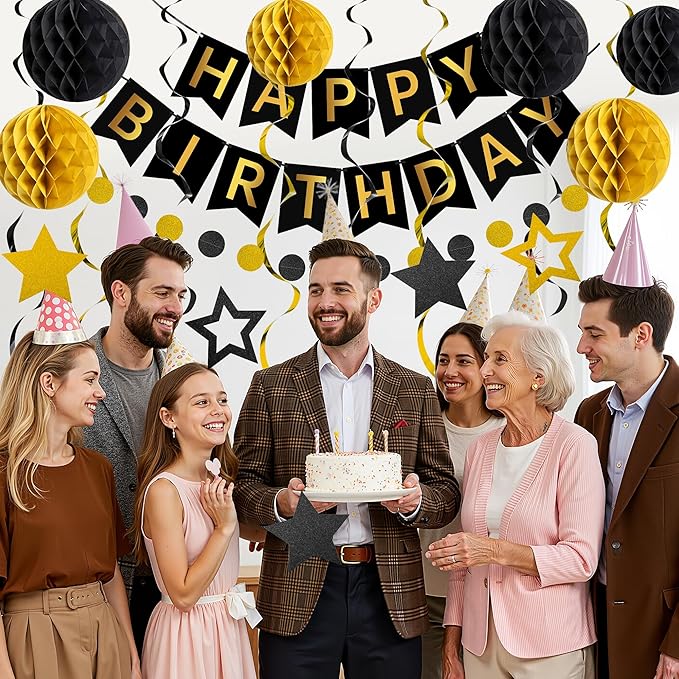 Happy Birthday Decorations Happy Banner with Honeycomb Balls, Swirls Set Happy Decorations Sign for Men Women Boys Girls Birthday Party Supplies Kit for Indoor Outdoor