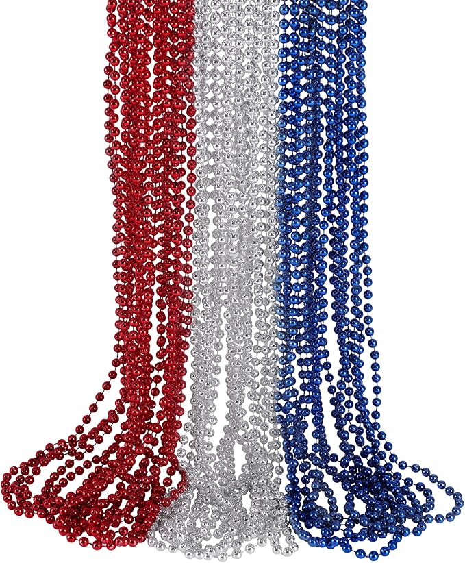HOOSUN 4th of July Beads Necklaces,30 Pcs Patriotic Beads Necklaces Fourth of July Decorations Party Favors,Red Silver and Blue Accessories Beads for Memorial Day Decorations,Party Decor Supplies
