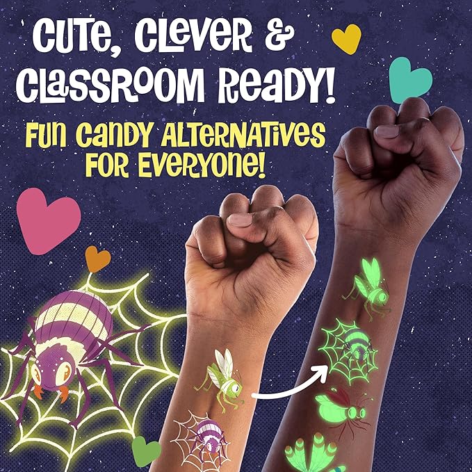 Valentine's Day Gift for Kids, Fun Party Favors for Classroom, Goodie Bag Stuffers - 28 Glow in the Dark Bug Tattoos