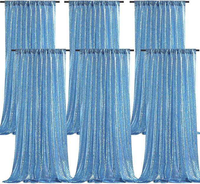 B-COOL Party Sequin Curtain Backdrop: 6 Panels 2ftx8ft Curtain Drapes Glitter Background for Bridal Shower Baby Shower Christmas Parties Decorations Baby Blue