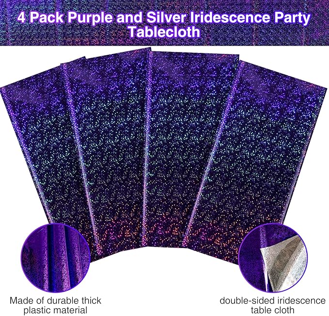 FunnyPars 4 Pack Iridescent Plastic Tablecloths Shiny Disposable Laser Rectangle Table Covers Holographic Foil Tablecloth Iridescent Kpop Birthday Bridal Wedding Party Decoration, 54"x108"(Purple)
