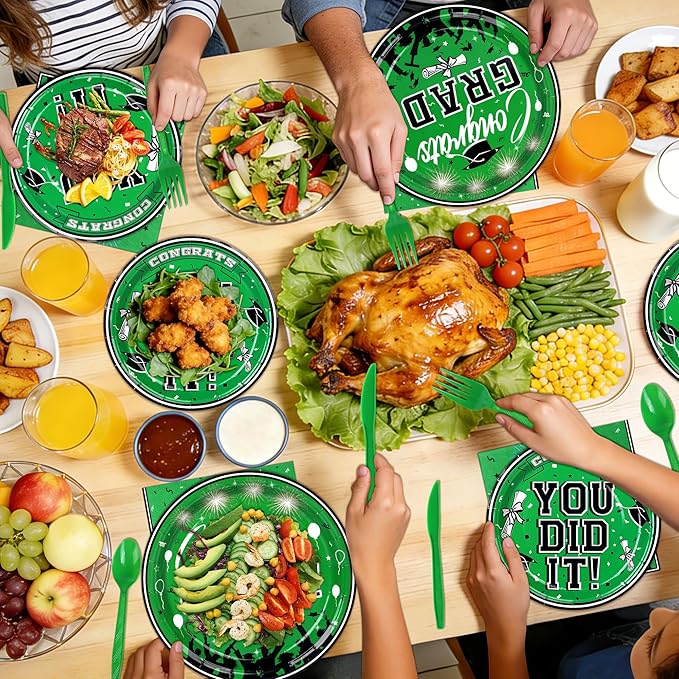 175PCS Graduation Plates and Napkins Set 2026 Graduation Party Supplies Tableware Set Include Paper Plate Napkin Cup Knife Fork Spoon for Grad Party Decor Serve25 (Green and Black)