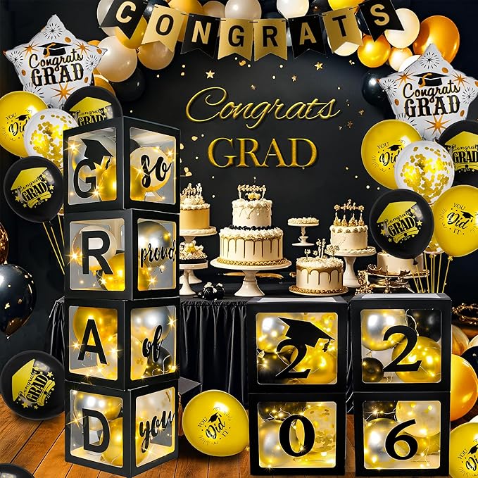 AYGXU Graduation Decorations 2026-Graduation Party Decorations,Graduation Balloons Boxes(4PCS) with LED Light Strings & Letters 2026 GRAD So Proud of You,Party Favors For Any Grades Class.