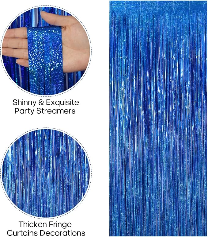 2 Pack Fringe Curtains Backdrops, Foil Fringe Curtains, Door Streamers for Birthday Wedding Bridal Shower Holiday Graduation Party Decorations, Photo Booth Backdrops, Glitter Blue