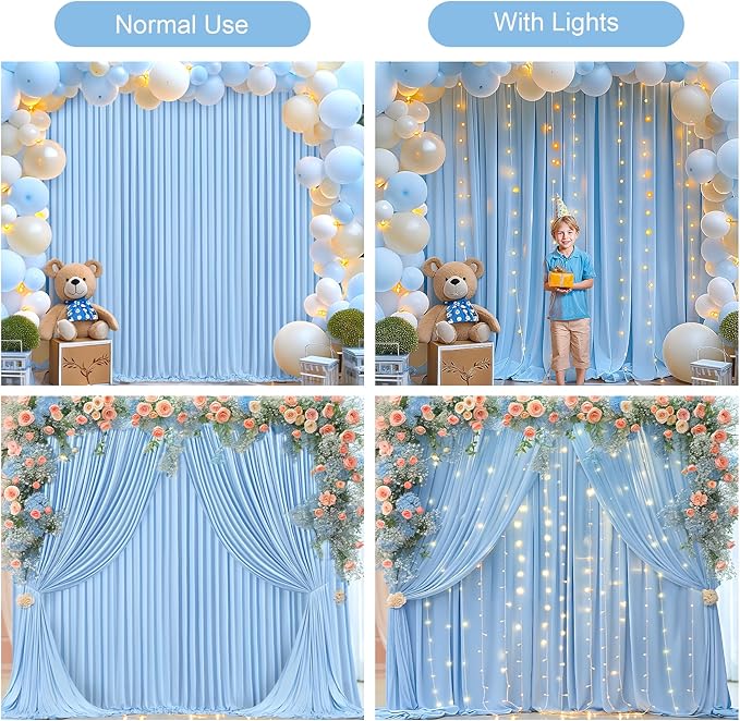 Blue Backdrop Curtains with Lights for Parties,10x10FT Wrinkle Free Polyester Wedding Photo Backdrop Curtains for Baby Shower Birthday Ceremony Reception Home Party Decorations-5ft x 10ft,2 Panels