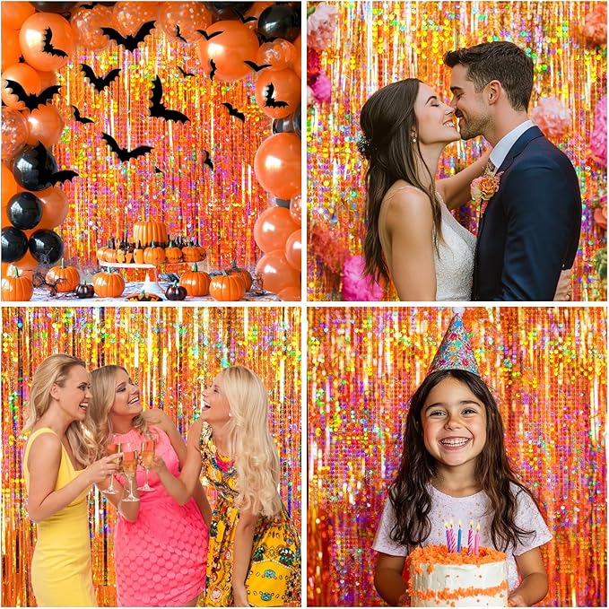 4 Packs Orange Foil Fringe Curtain, Orange Glitter Metallic Tinsel Backdrop for Birthday, Wedding, Baby Shower, Halloween, Thanksgiving, Friendsgiving, Fall Party Decorations Supplies