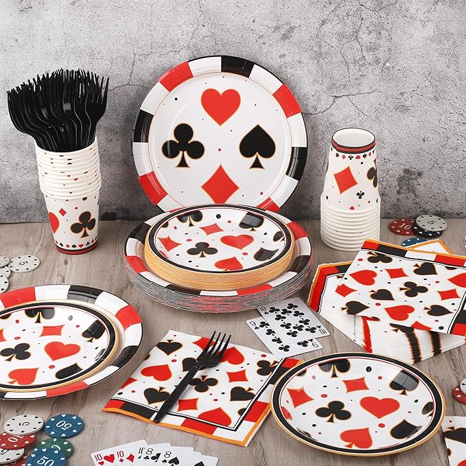Kochorie 144 Pieces Casino Party Supplies Set, Las Vegas Tableware Sets Including Disposable Plates Napkins Cups Forks Serves 24 for Birthday Poker Events Casino Theme Party Decorations