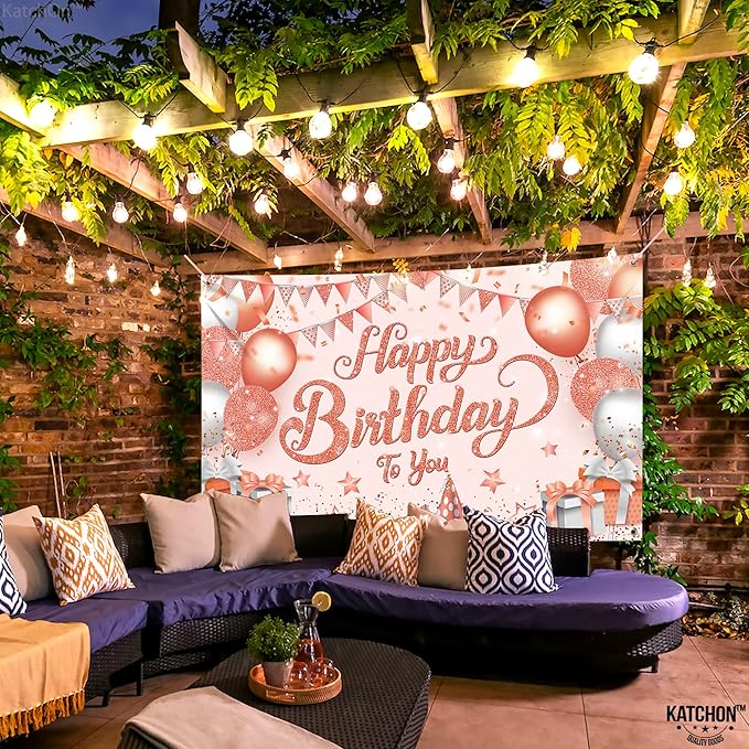 KatchOn, Rose Gold Happy Birthday Banner - XtraLarge 72x44 Inch | Happy Birthday Decorations for Girls, Women | Hbd Banner for Rose Gold Party Decoration