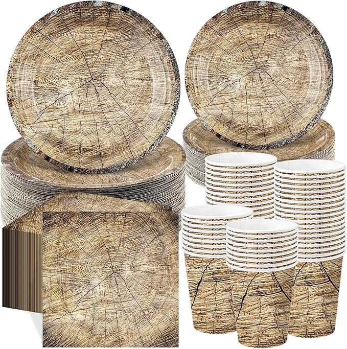 250 Pieces Rustic Wood Grain Party Tableware Set - Disposable Paper Plates, Cups & Napkins for 50 Guests - Lumberjack, Farmhouse, Camping, Forest Theme Birthday Decorations(Grey)