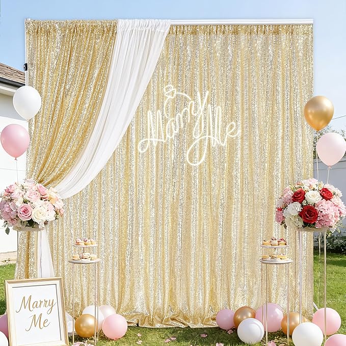 B-COOL Light Gold Sequin Backdrop Curtains 2 Packs 2ftx8ft Sparkle Backdrop Fabric Glitter Backdrop for Party Ceremony Wedding Birthday Decoration