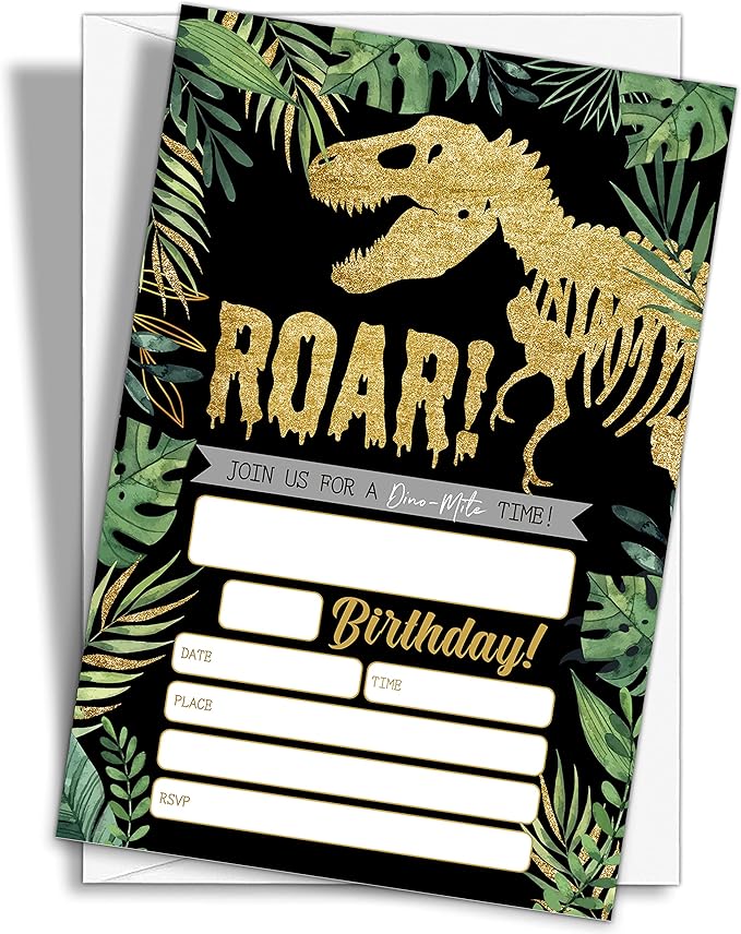 Gold Dinosaur Birthday Party Invitations, 20-Count Jungle Birthday Party Invites With Envelopes-HBYQK-B44