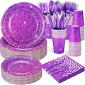 Hushee 350 Pcs Purple Holographic Print Party Supplies Guests Disposable Dinnerware Set Include Paper Plates, Napkins, Cups, Plastic Cutlery for Wedding Birthday Disco Bachelorette