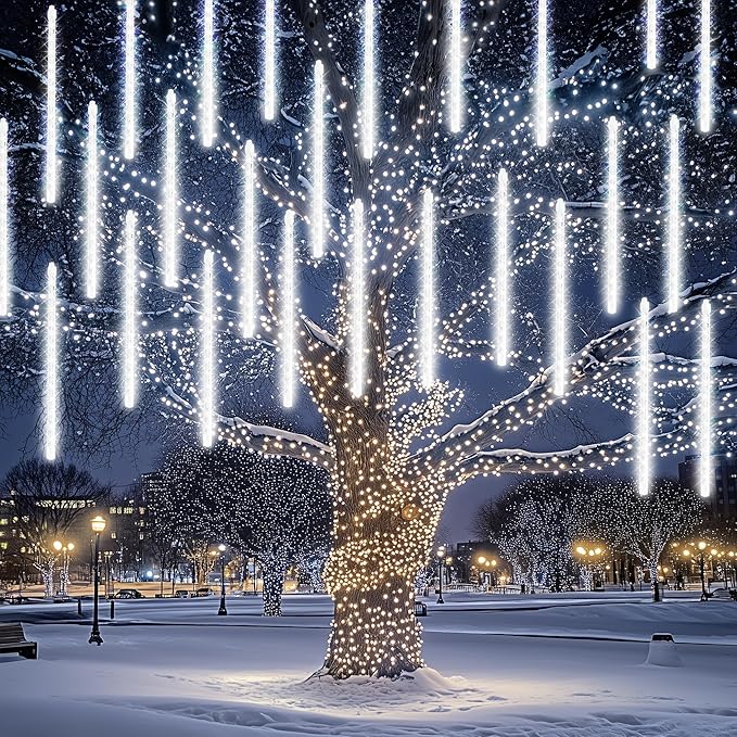 Dazzle Bright 1728 LED Christmas Light, Meteor Shower Rain Lights 11.8 Inch 48 Tubes, Waterproof Plug in Falling Rain Lights Decorations for Xmas Tree Yard Party (White)