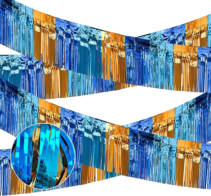 4 Packs Total 39 Ft Parade Floats for Trailer Car, Orange Blue Foil Fringe Garland Tinsel Blue Dog Themed Streamers Hanging Banner Table Skirts for Graduation Homecoming Birthday Dog Themed Party