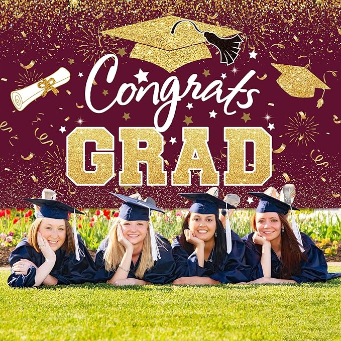 Graduation Party Decorations - Maroon Gold Congrats Grad Class of 2026 Backdrop Banner Large Sign Wall Decorations Photography Background Party Supplies for 2026 Graduation Party Decorations