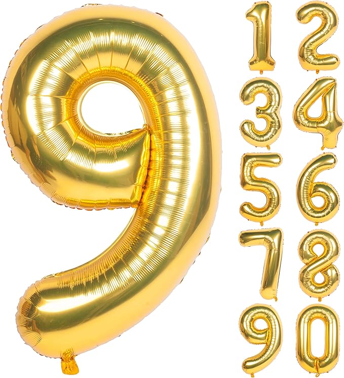 40 Inch Large Gold Number Balloons 9 Aluminum Foil Mylar Big Number Balloons 0-9 Suitable for Gold Birthday Parties, Weddings and Anniversary Photography