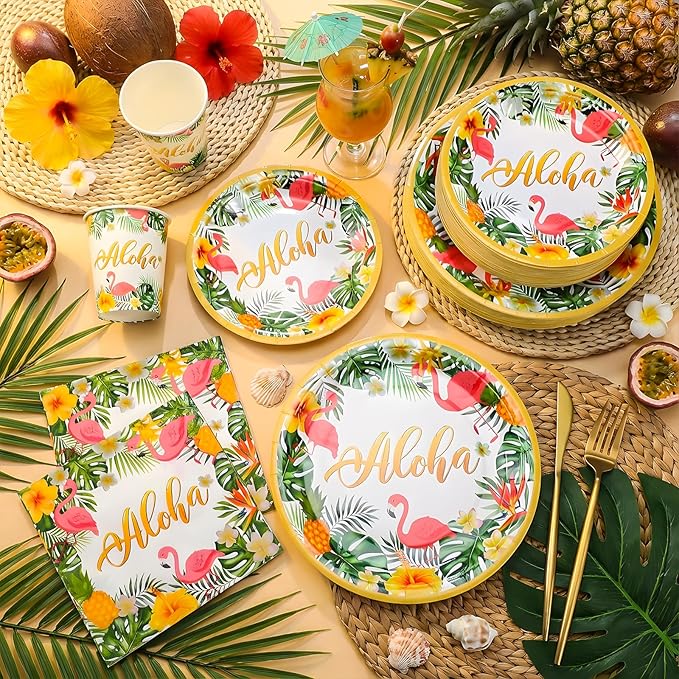 200 Pcs Tropical Hawaii Aloha Party Supplies Serve 50 Guests Luau Paper Plates Cups Napkins for Summer Beach Tableware Pool Party